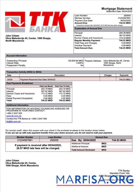Realistic North Macedonia TTK Banka mortgage statement Word and PDF template